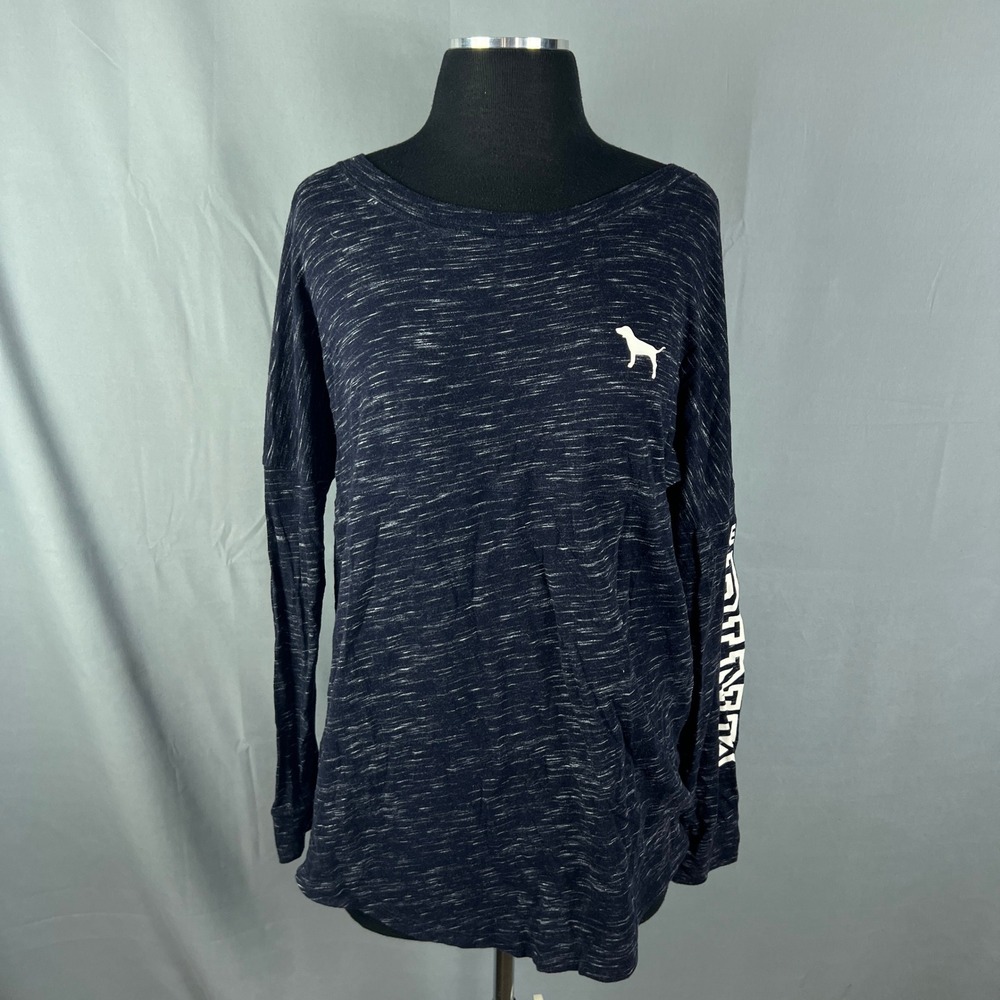 Pink Victoria's Shirt Womens Small Navy Marled Knit Slouchy Fit Love Pink Print